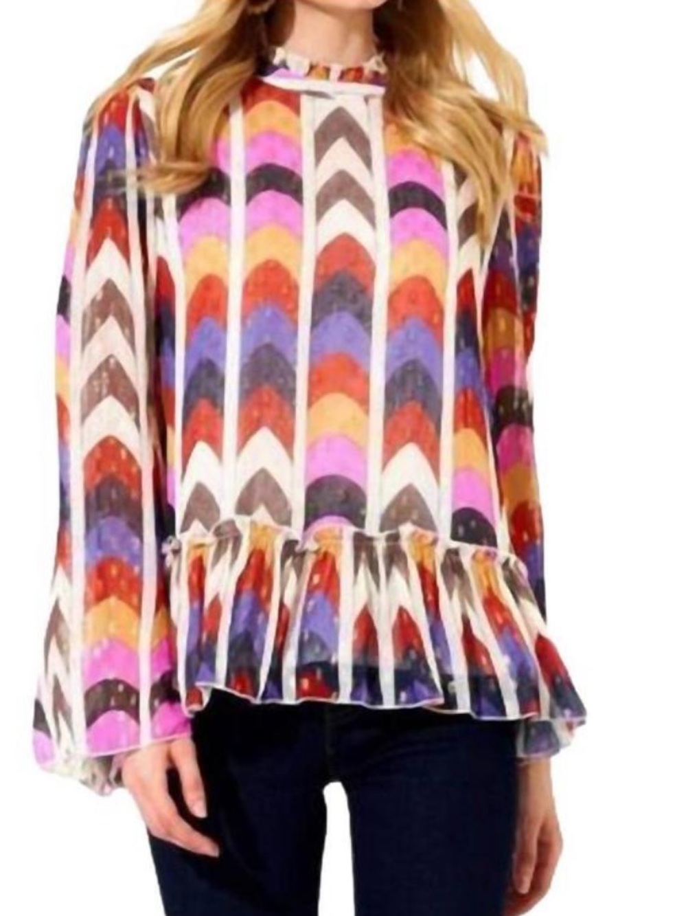 Oliphant Multi-Color Scallop Print Ruffle Hem Blouse
